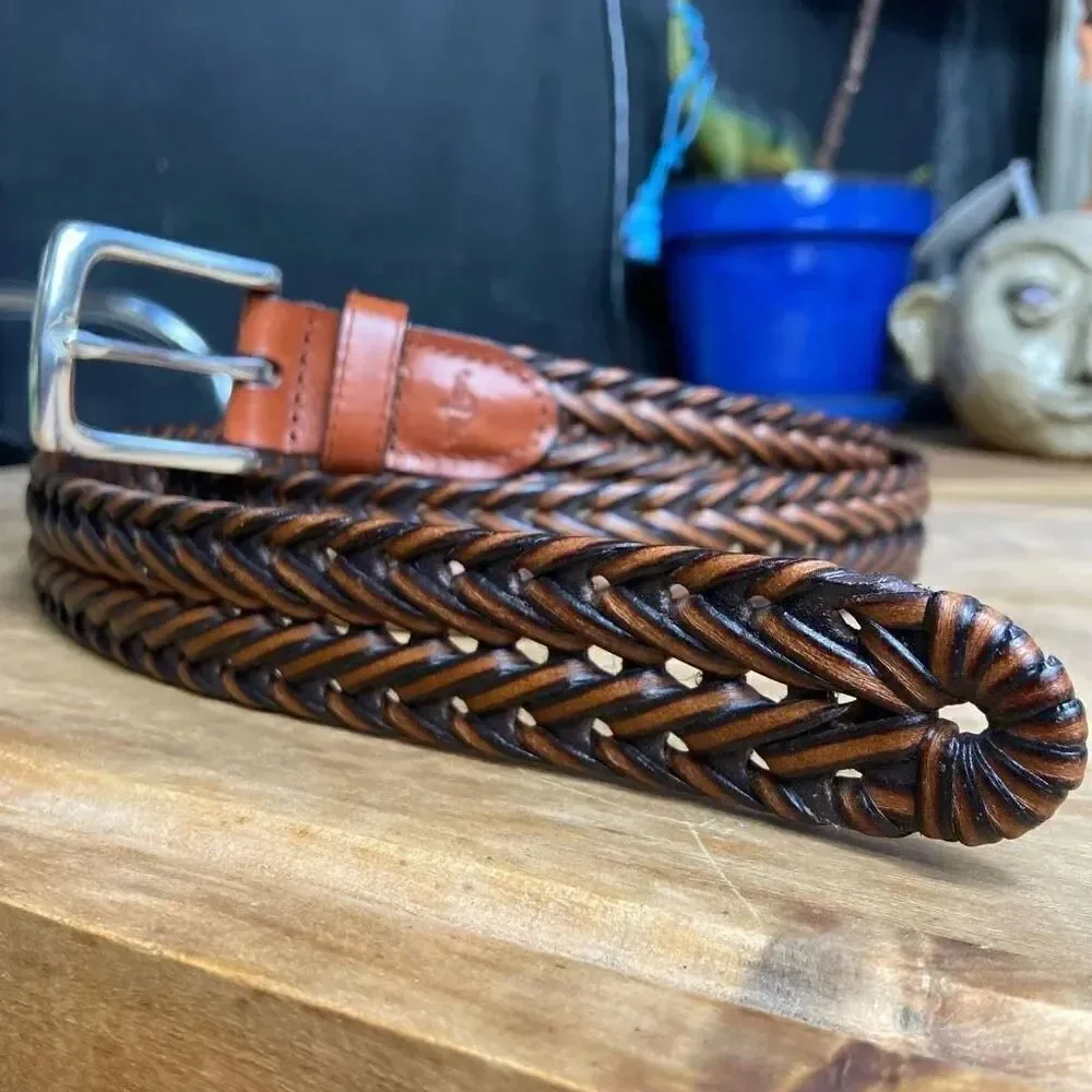 Dockers Men's Brown Braided Leather & Faux Leather Belt Silver Metal Buckle - XL